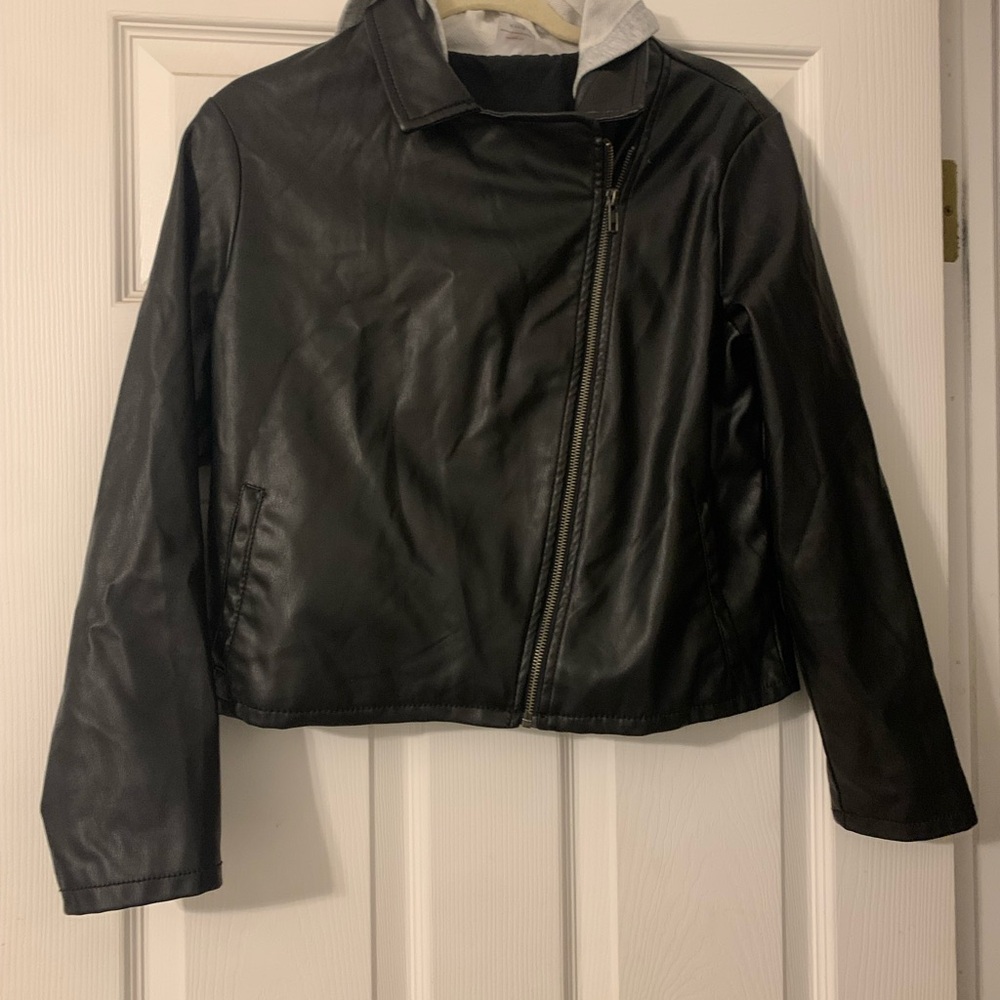 Wonder Nation Faux leather Moto Jacket Lined with Light Gray Hoodie